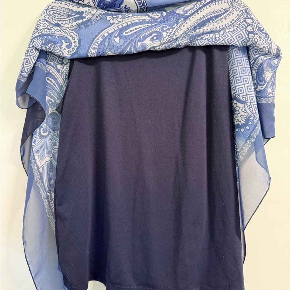 BLEU Navy Paisley Sheer Overlay Top XL Rhinestone Blouse - Picture 5 of 11